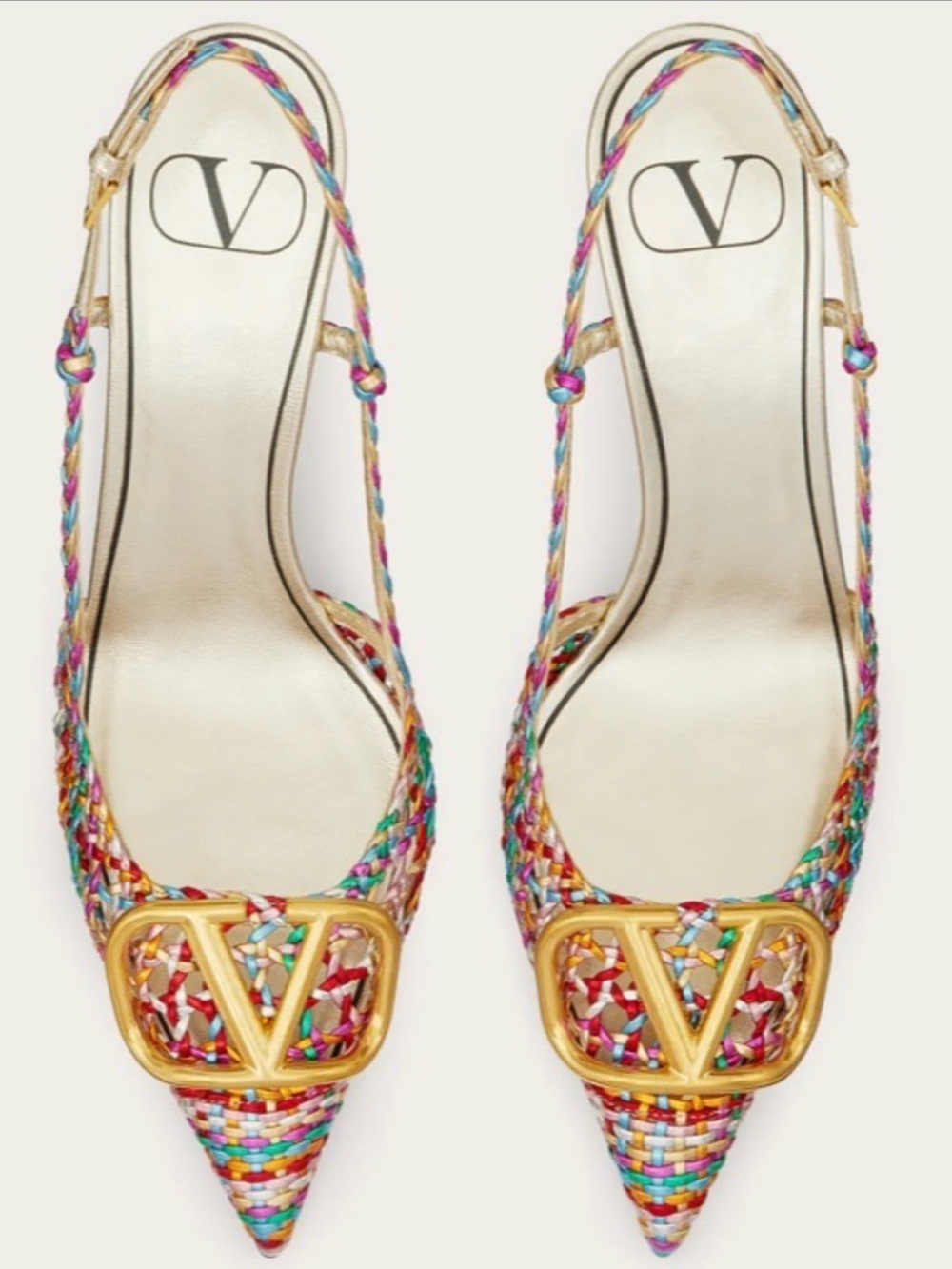 Valentino Garavani Multicolor Braided Pointed Slingback Flats with Gold V Buckle